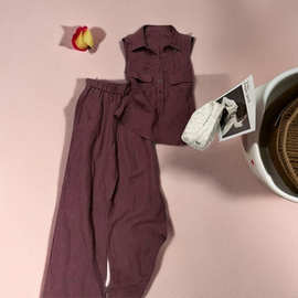 夏天穿搭套装女洋气减龄酒红色Polo领纯色气质衬衫搭松紧腰休闲裤