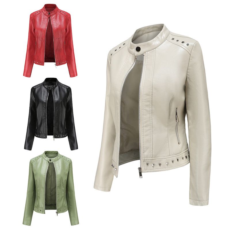 2024 New Rivet Fashion Stand Collar Leather Jacket Women's S-5Xl Solid Color Casual Jacket Women's Spring and Autumn Jacket Women's Clothing 2024 New Rivet Fashion Stand Collar Leather Jacket Women's S-5Xl Solid Color Casual Jacket Women's Spring and Autumn Jacket Women's Clothing