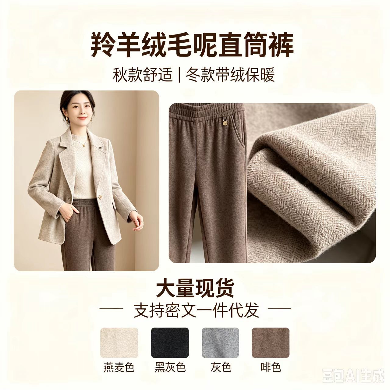 Women's Pants for Spring, Autumn, and Winter: Woolen Casual Wide-Leg Pants, Fleece-Lined and Thickened, for Middle-Aged and Elderly Women, Grandma's Straight-Leg Trousers