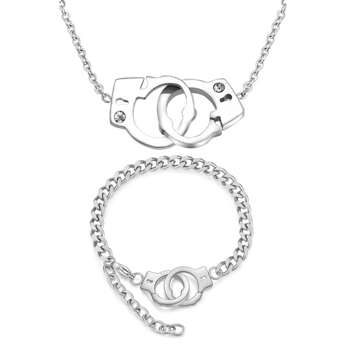 European and American ins titanium steel simple fashion handcuffs necklace set interlocking stainless steel couple bracelet gift for women