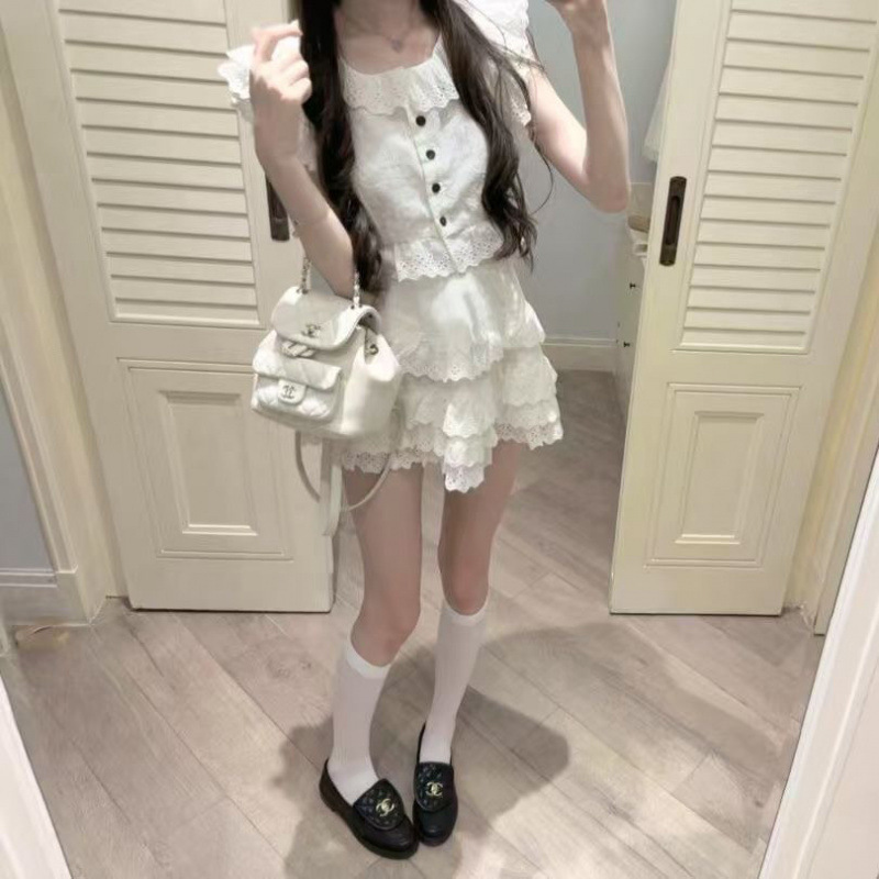 2025春季新款洋气显瘦甜美荷叶边小衫高腰短款半身裙两件套装女|undefined