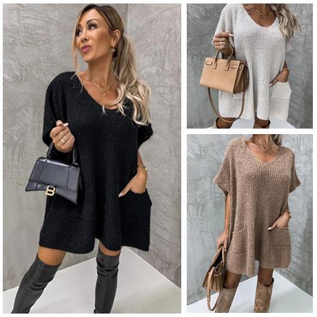 2025 Autumn and Winter New European and American Export Sweater Women's Amazon Loose Large Size Flap Pocket Pants Pure Color V Neck Long Sleeves