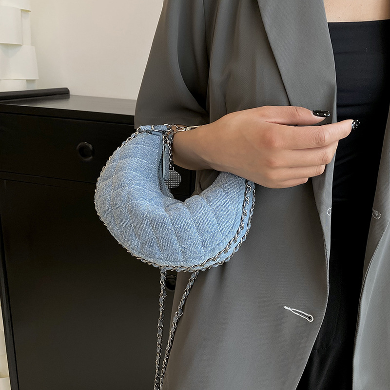 High-end denim diamond chain small bag 2023 new crescent bag niche dumpling bag single shoulder crossbody bag for women_voghion.com