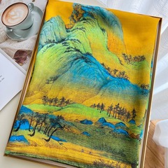 新中国風女性プレゼント中国風千里江山絵大方巾模造シルクスカーフ母の日マフラー