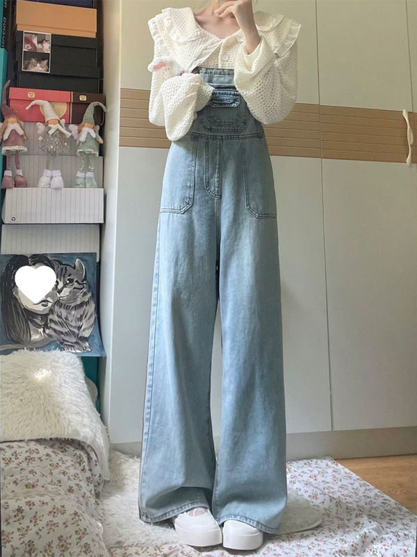 YANBEISI复古减龄阔腿牛仔背带裤女春秋季高腰宽松显瘦直筒连体裤|undefined