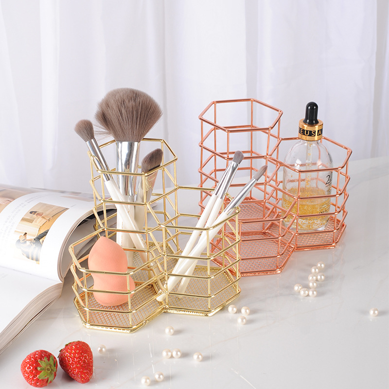 Ins Iron Wire Hexagonal Combination Pen Holder Beauty Makeup Accessories Small Decorative Items Small Objects Makeup Brush Barrel Storage Eyebrow Tube