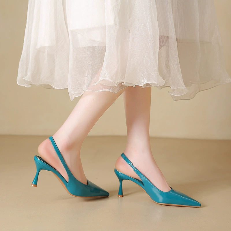 Cross-border summer solid color women's high heels 2025 fashionable dopamine pointed toe half-slip sandals light luxury banquet shoes