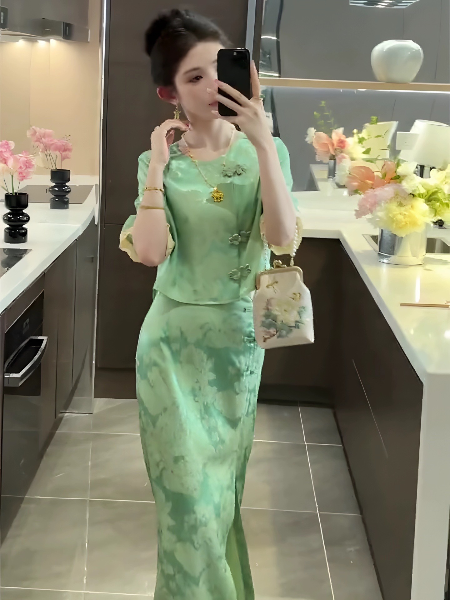 Bộ váy hai mảnh kiểu Trung Quốc mùa hè dành cho nữ, thiết kế sang trọng nhẹ nhàng — Màu xanh lá chi tiết 7
