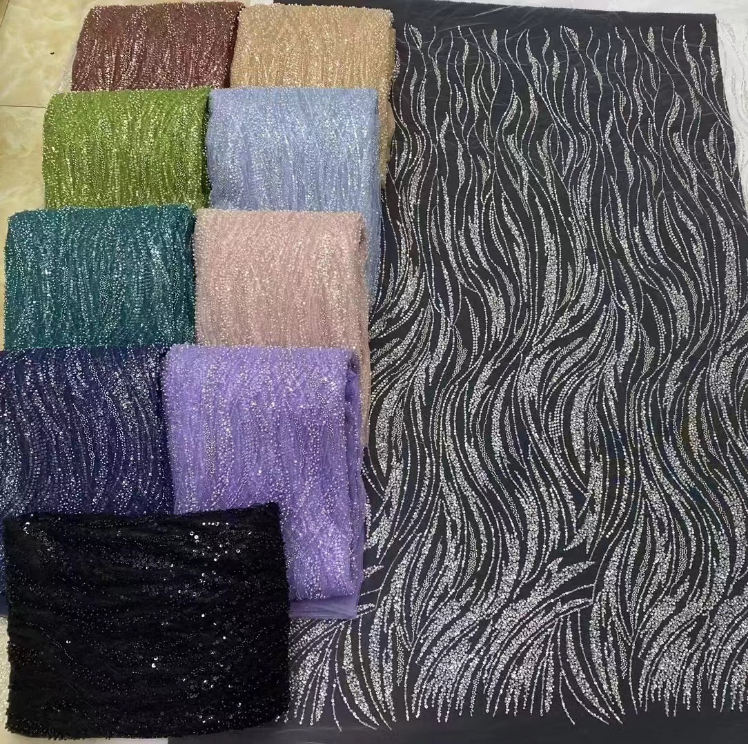 Multicolor hueco perla sequinilla malla cuentas tubo bordado tela cuentas encaje apertado vestido de boda transfronterizo
