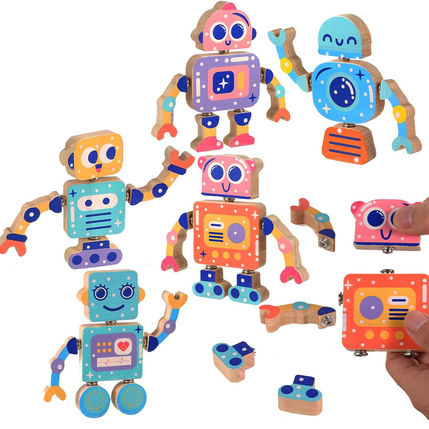 Bloques de construcción ensamblados de madera robot conjunto de construcción para niños, juguetes educativos ensamblados, formas creativas