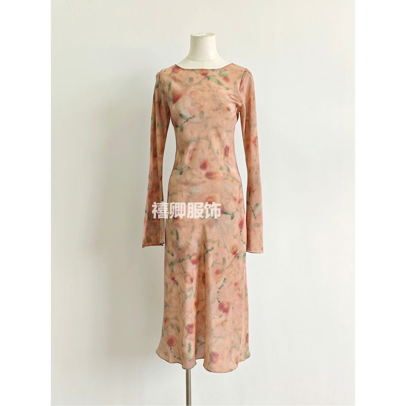Cloud Rose ~ Temperament Gentle Dress Women's Summer 2024 New Long Sleeve Round Neck Straight-Leg Waist Silk Long Skirt