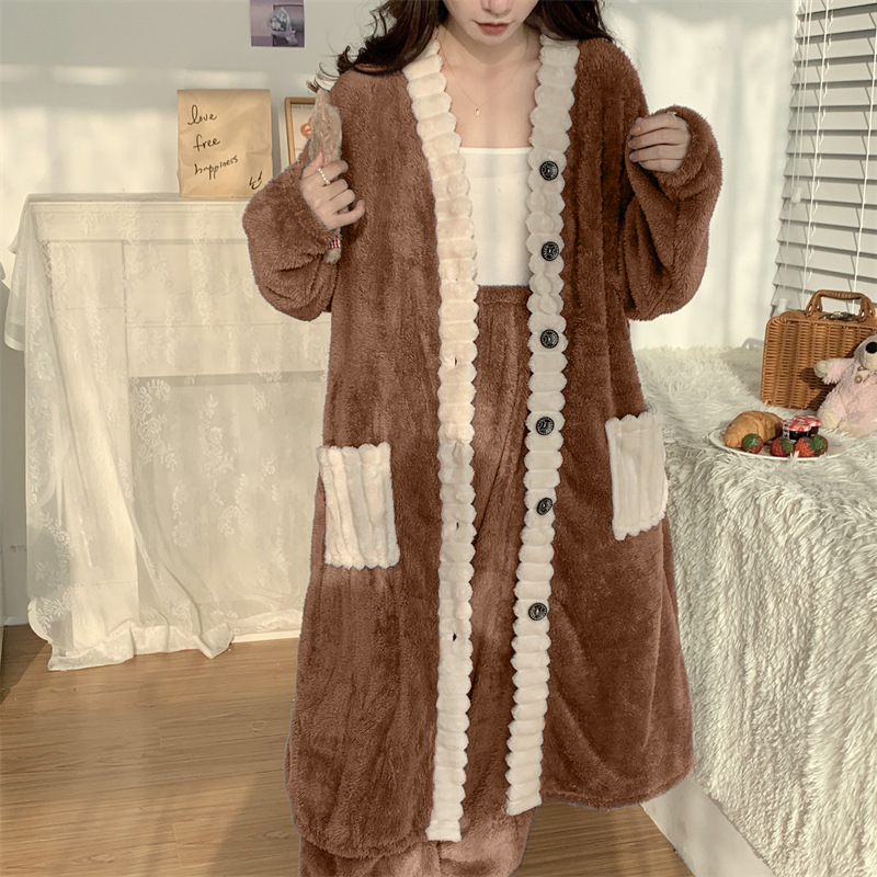 Cartoon Pajamas for Women, Autumn and Winter Coral Fleece Robe, Thickened and Fleece-Lined, Long Ins-Style Bathrobe, Can Be Worn Outside as a Nightdress