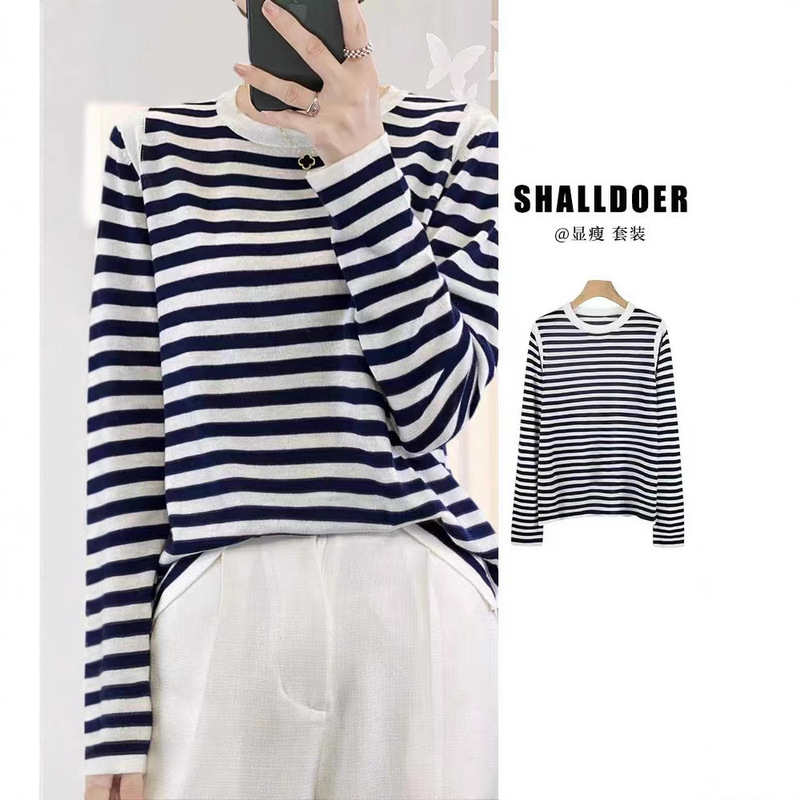 New Women's Wool Black and White Striped Color-Blocked Casual Base Layer Round Neck Knitted Thin Long-Sleeve Top with Contrasting Colors New Women's Wool Black and White Striped Color-Blocked Casual Base Layer Round Neck Knitted Thin Long-Sleeve Top with Contrasting Colors
