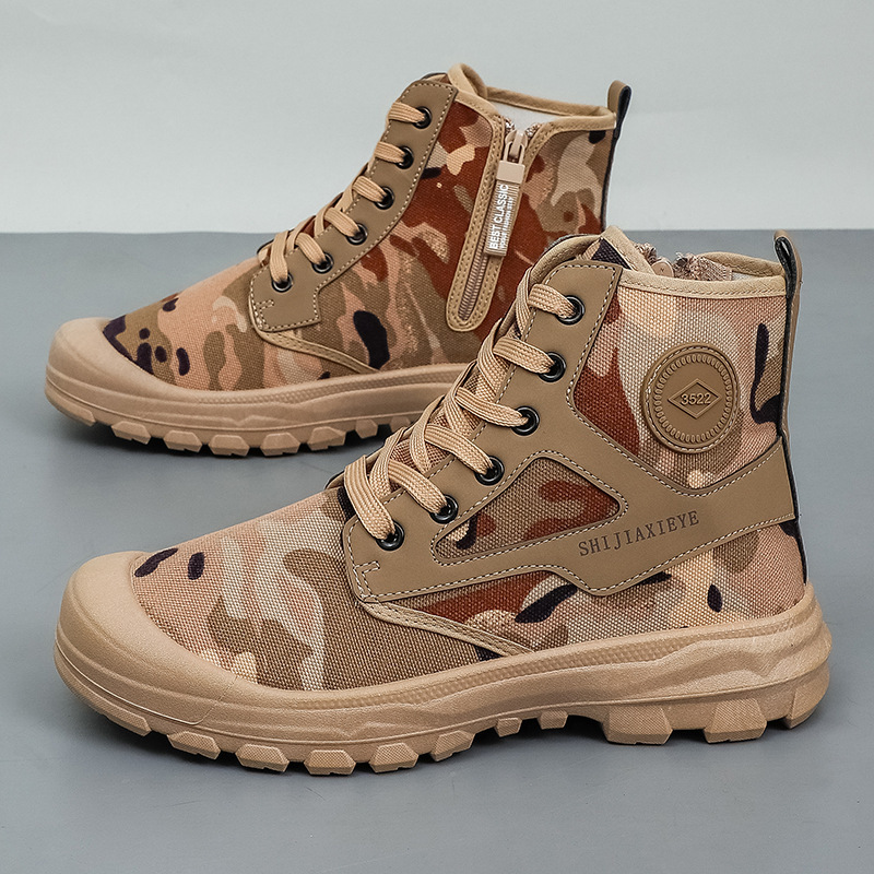 New High-Top Camouflage Shoes, Outdoor Side-Zip Martin Boots, Non-Slip Hiking Shoes, Lightweight, Versatile, Casual, Breathable Work Shoes