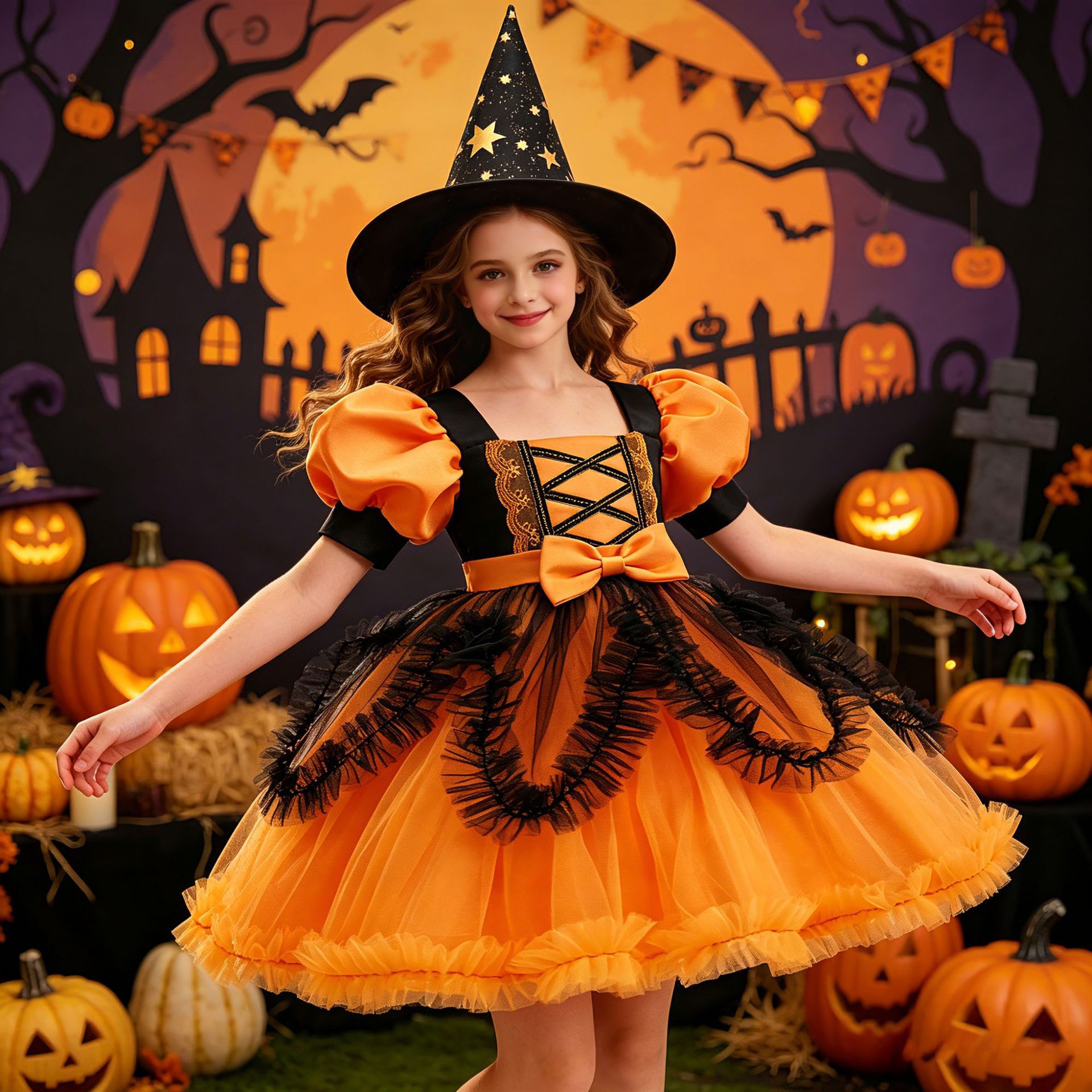 Nuevos productos transfronterizos de Halloween para niños calabaza ropa de chicas brujas cosplay ropa de fiesta al por mayor 8629