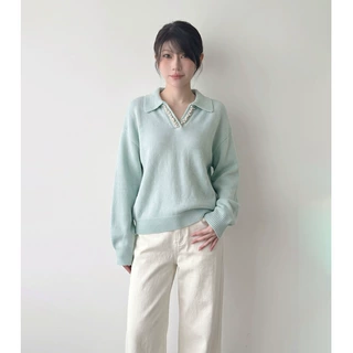 【NE定单】秋季新款高级贝壳水晶钉珠polo领羊毛针织衫显瘦毛衣