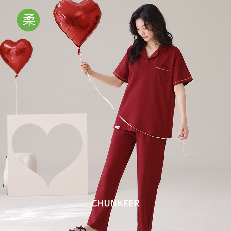 Wedding Pajamas for Newlyweds, Summer Pure Cotton Pull-Up Short-Sleeved Pants, Red Oversized Fat mm Home Clothes