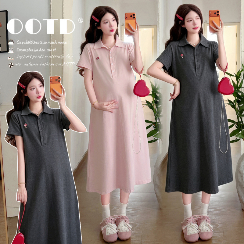 Maternity Dress Summer Outfit Polo Collar Mid-Length Dress Trendy Mom Plus Size Loose French Style Elegant Long Dress Summer