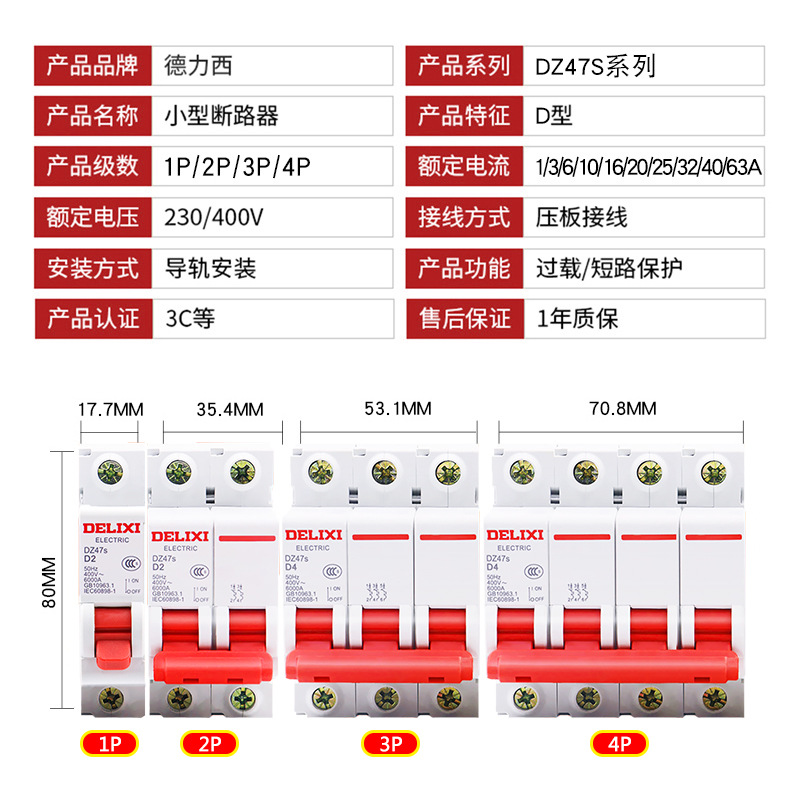 Delixi D-type power air switch DZ47S small circuit breaker 63A three-phase short-circuit switch air switch 2p