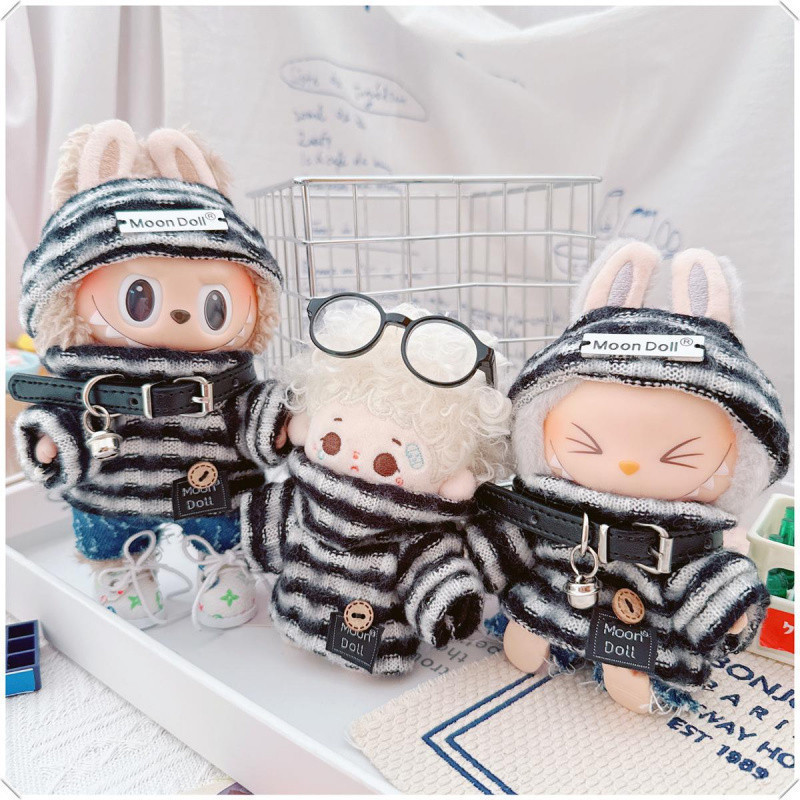 First and Second Generation Labubu Baby Clothes 17cm Labubu 10cm Cotton Doll Clothes Accessories Stripesd Turtleneck