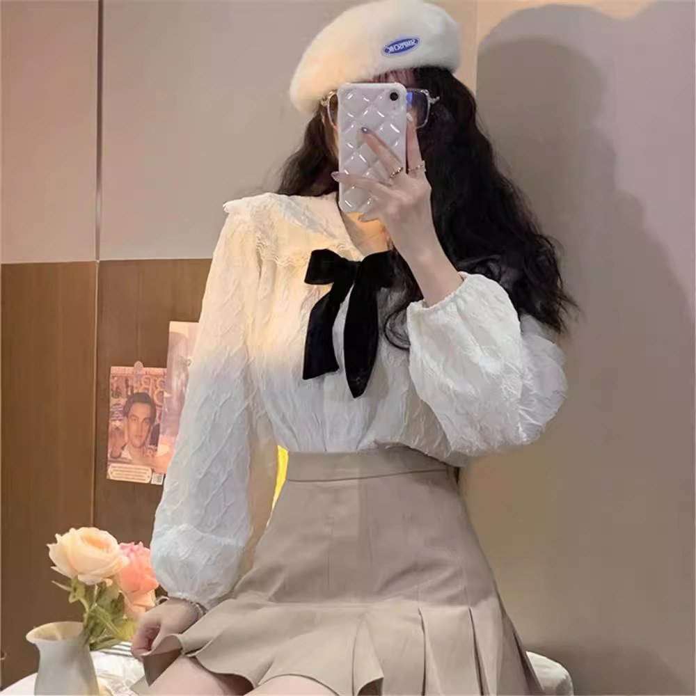 인형 칼라 셔츠 여성의 봄과 가을 2024 새로운 플러스 사이즈 통통녀 디자인 활 입고 외국 스타일 긴 소매 셔츠