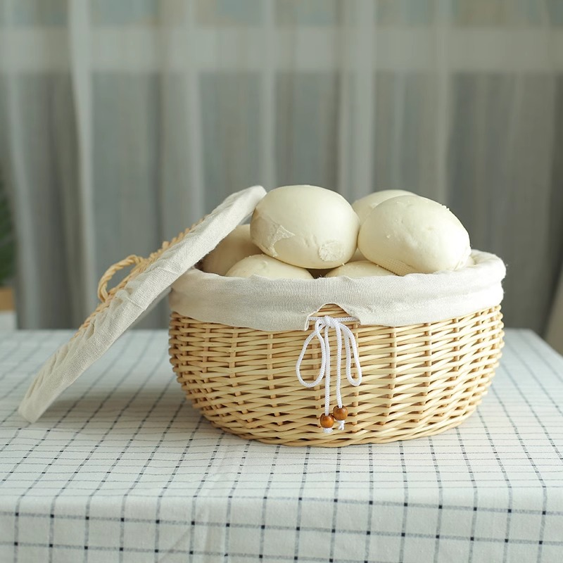 Cesta de pan al vapor tejida de sauce con cubierta, cesta de pan tejida de huevos tejida de comedor casero, marco de pan tejido circular, cesta de pan