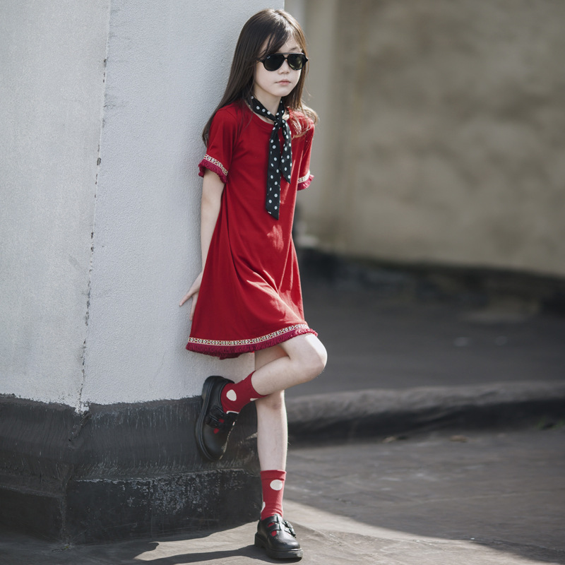 Falda de estilo étnico para niños Vestido de niña simple Verano 2024 Nueva falda de manga corta para niña de estilo occidental Verano