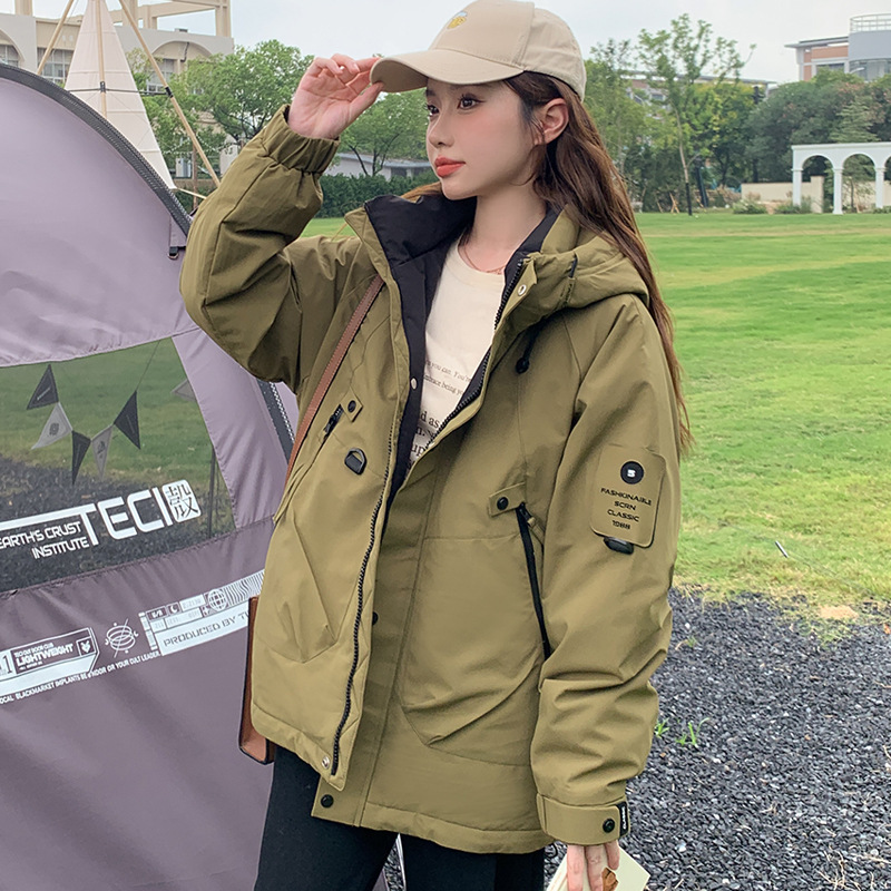 情侣款男女同款棉服冬季加厚工装外套连帽防风户加棉冲锋衣潮外套