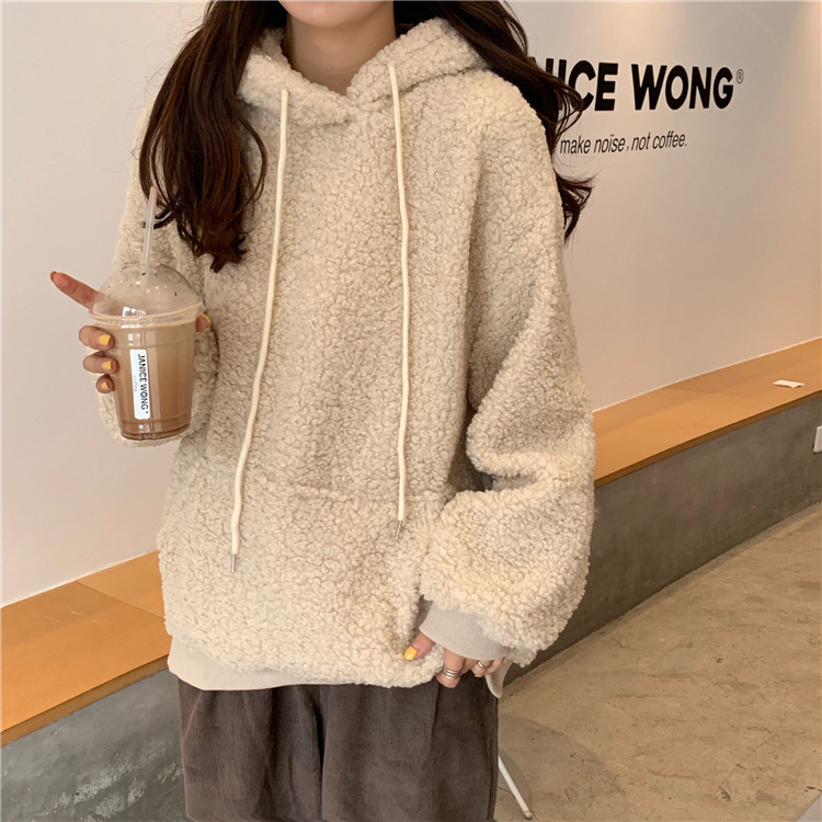 Korean Cute Bear Ears Imitation Cashmere Sweatshirt Jacket for Women 2025 Winter Large Size Loose Top for Students