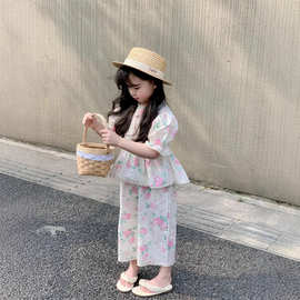 法式女童2025夏季满印花朵蕾丝碎花衬衫宽松阔腿裤外穿家居服套装