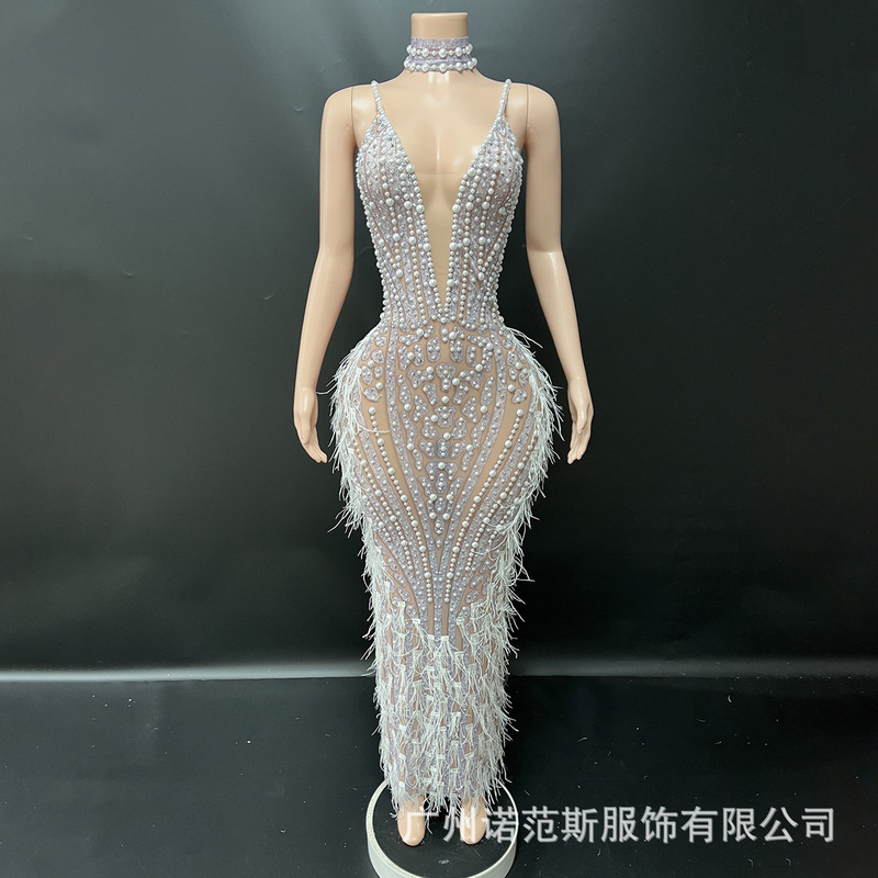 Elegant and Noble Pure White Pearl Sexy Deep V Suspender Neck Long Skirt Model Catwalk Special Occasion Birthday Dress