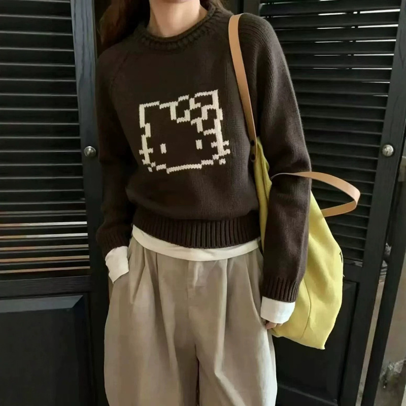 2026 early autumn new Korean-style versatile slimming kitty cat pullover short-sleeve knit top for women 2026 early autumn new Korean-style versatile slimming kitty cat pullover short-sleeve knit top for women