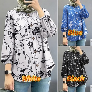 Spot Cross-Border Amazon Middle Eastern Malay 2025 New Women's Muslim Floral Shirt Fashionable Puff Sleeves