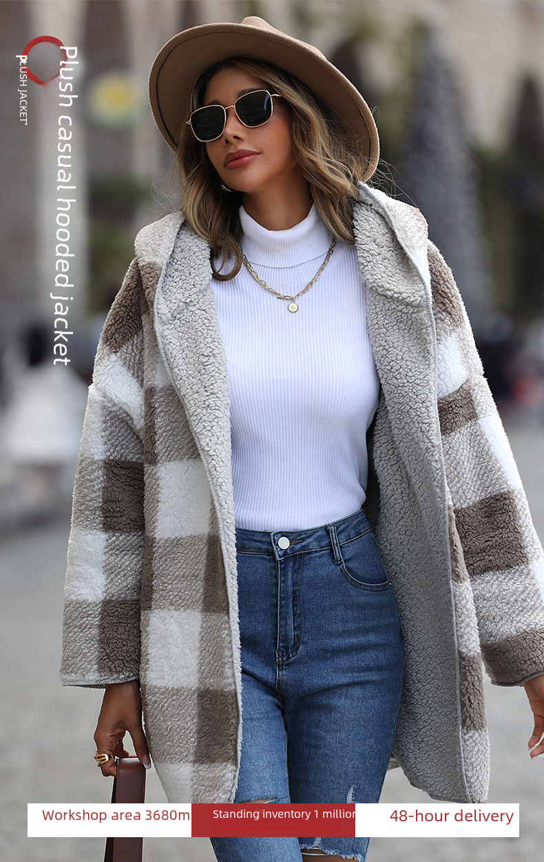 Flash Velvet European and American New Casual Plush Women's Hooded Regular Long Sleeve Loose Plaid Bubble Velvet Coat_voghion.com