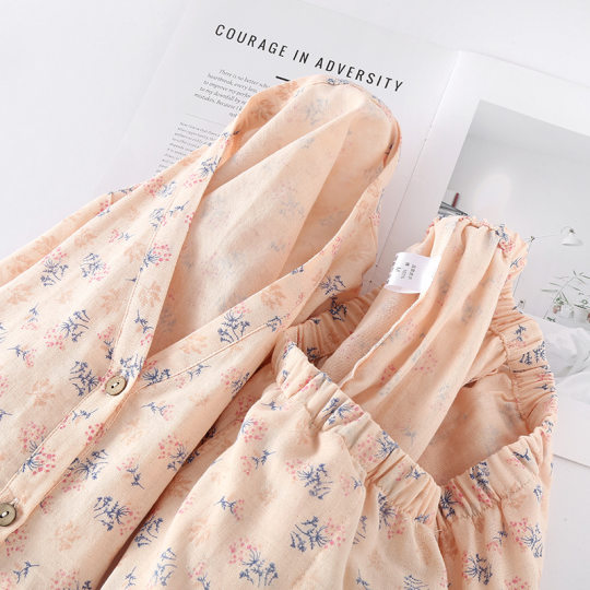 Women's Cotton Double-Layer Yarn Short-Sleeved Capri Pants Home Wear Thin Summer Simple Casual Wide-Leg Pants Pajamas suit