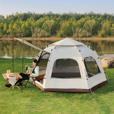 Outdoor Special Hexagonal Tent for Travel and Camping, Automatic Portable Tent with Double Doors and Four Windows, Sunshade, Rainproof, Cold-Proof and Warm-Keeping