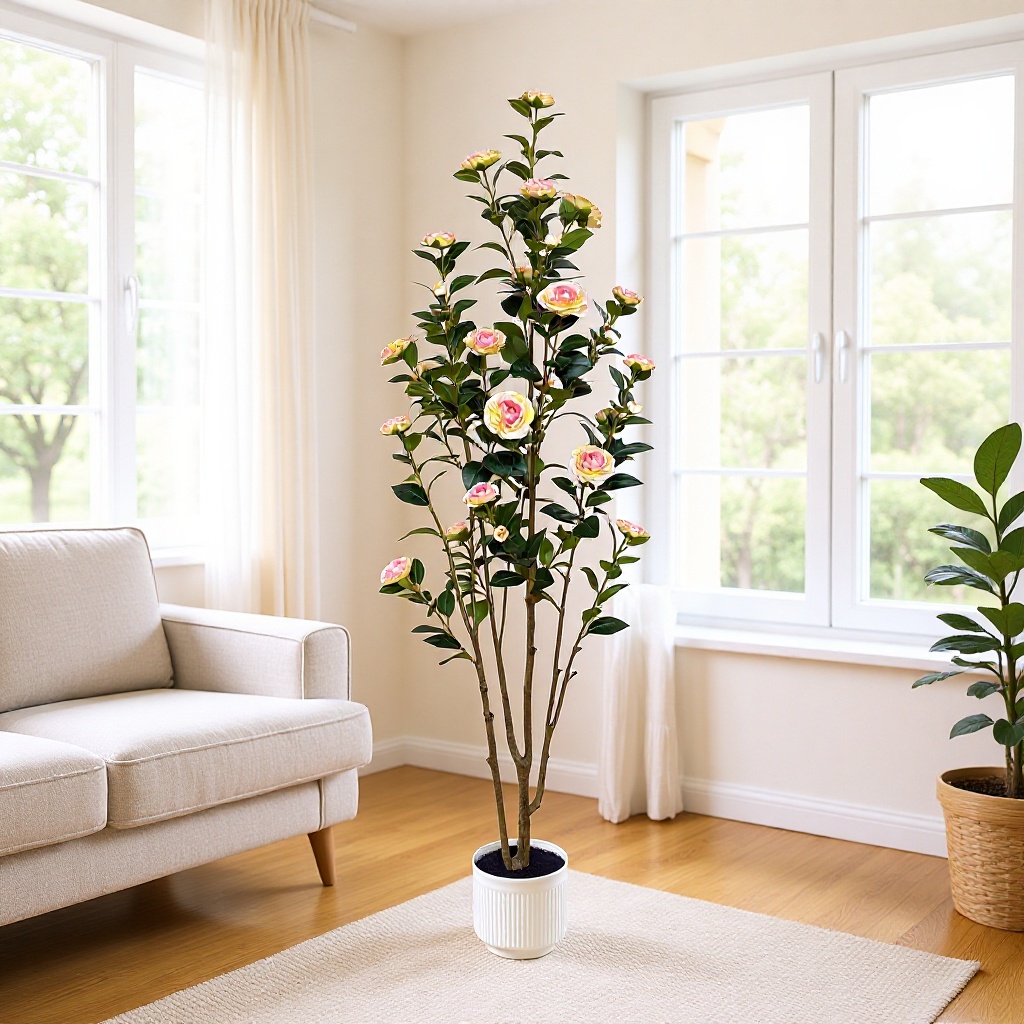 Desmontaje transfronterizo de camélia árbol de simulación de flores verde camélia maceta árbol falso sala de estar plantación biónica de plantas verdes flores falsas