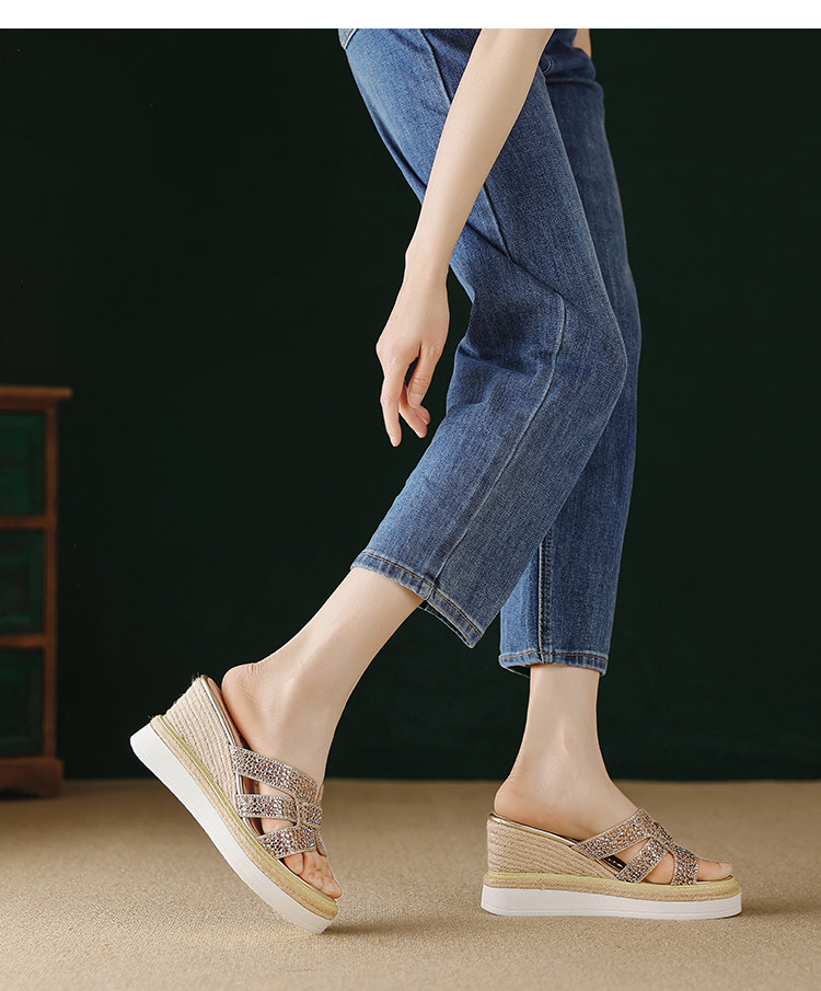 Sandal cao gót nữ hở mũi đính đá pha lê quai ngang đế xuồng — Champagne màu, bạc chi tiết 9