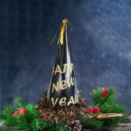 新款新年派对帽装饰用品New year黑金彩色流苏纸帽生日帽批发