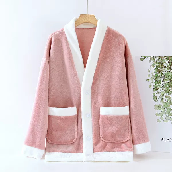 Women's Winter Pajamas Home Clothes Top Cardigan One Piece Flannel Coral Fleece Thickened Home Clothes Pajamas