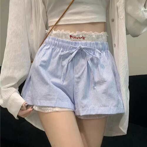 Ins-style summer niche design lace patchwork base layer layered look striped shorts trendy