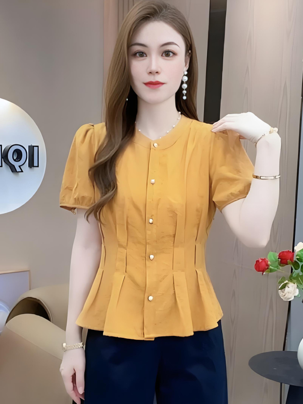 小个子百搭短袖衬衫女洋气通勤小衫夏装新款褶皱收腰上衣休闲衬衣|undefined