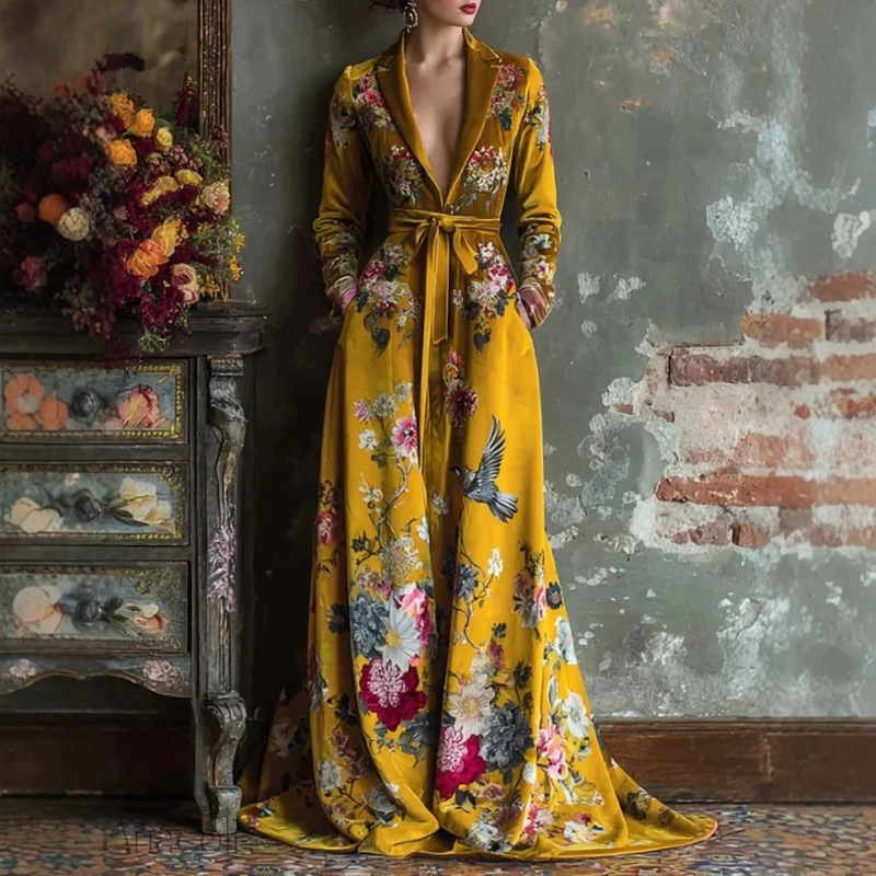 2026 European and American women's clothing, independent website, Amazon digital print V-neck long-sleeved floral tie-up long dress
