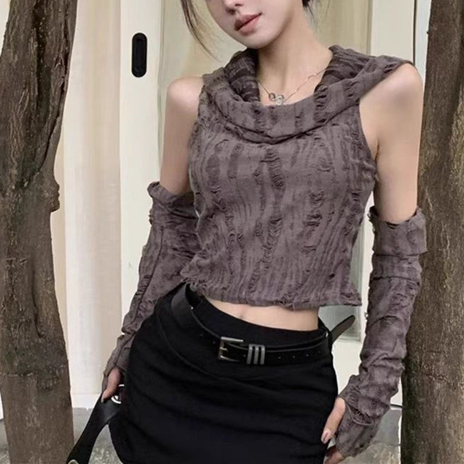 Cross-border wholesale sand dune waste soil style sexy hot girl hooded top women's off-shoulder slimming design short T-shirt small