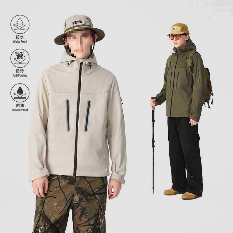 Outdoor Soft Shell Jacket Men's Autumn and Winter Thickeneded Windproof and Waterproof Hooded Jacket Black Light Pink No Khaki
