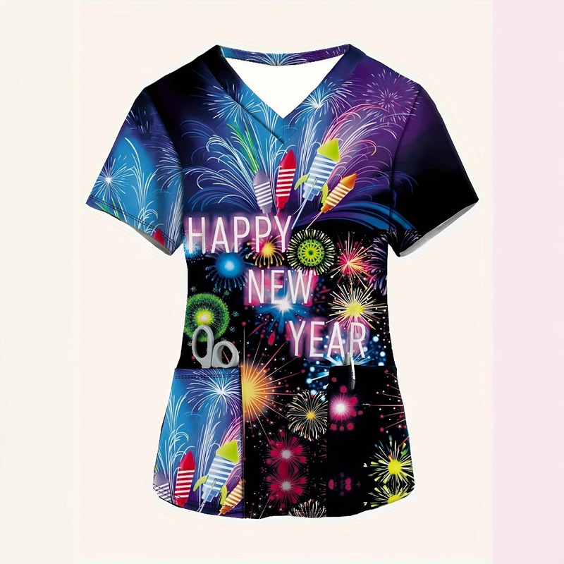 Tuya 2025 Cross-Border 220g Straight Wool V-Neck Women's Short-Sleeve Printed Fireworks Casual Women's Nursing Uniform Tuya 2025 Cross-Border 220g Straight Wool V-Neck Women's Short-Sleeve Printed Fireworks Casual Women's Nursing Uniform