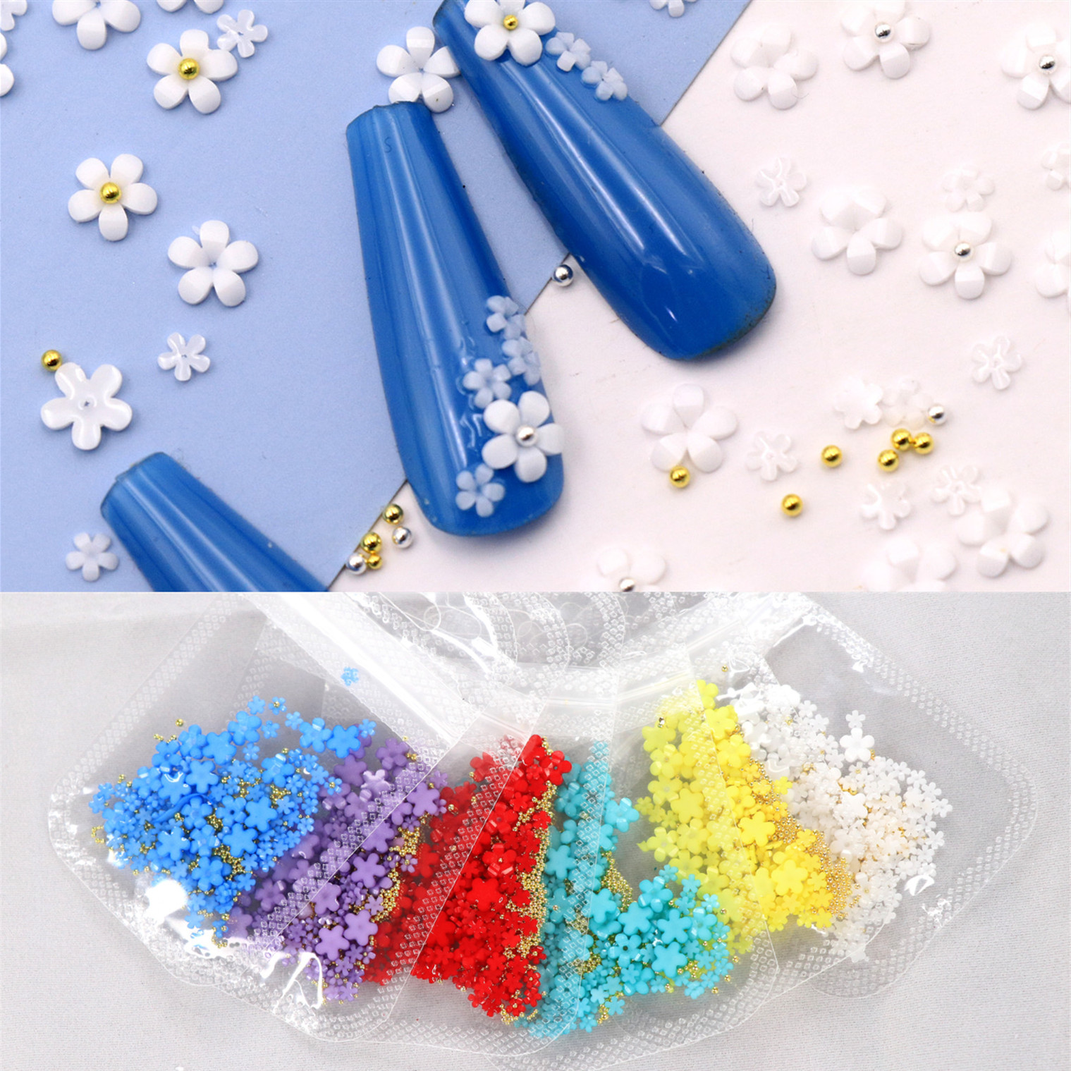 Blanco flor pequeña joyería de uñas de resina tridimensional de cinco pétalos tamaño de la flor mezclada con oro y plata cuentas de acero