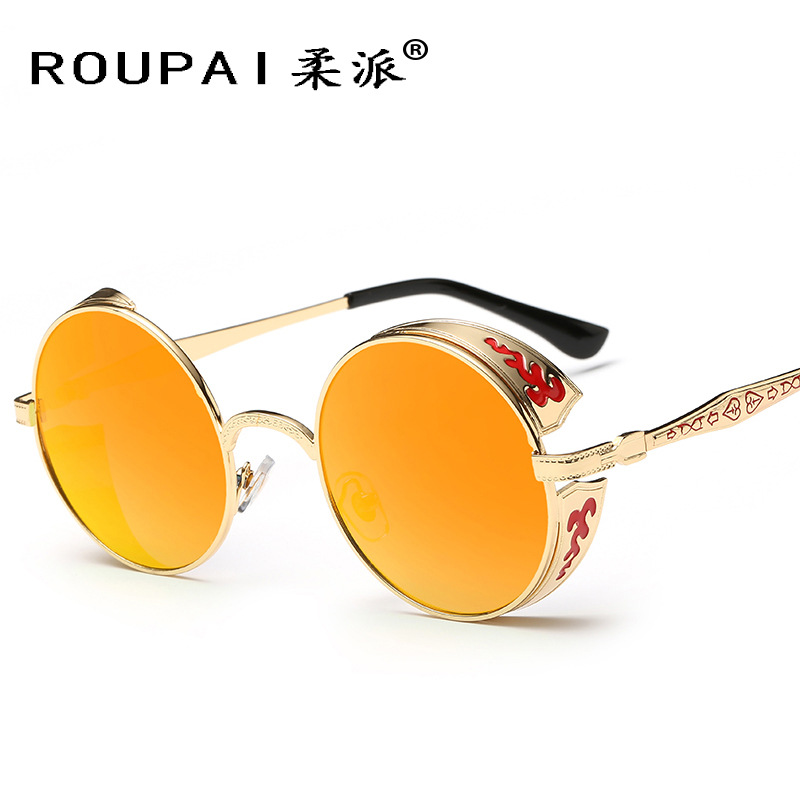 Gafas de Sol Retro Redondas al por Mayor de Fábrica, Gafas de Príncipe con Patrón Grabado, Gafas de Sol Reflectantes 881, Venta Directa