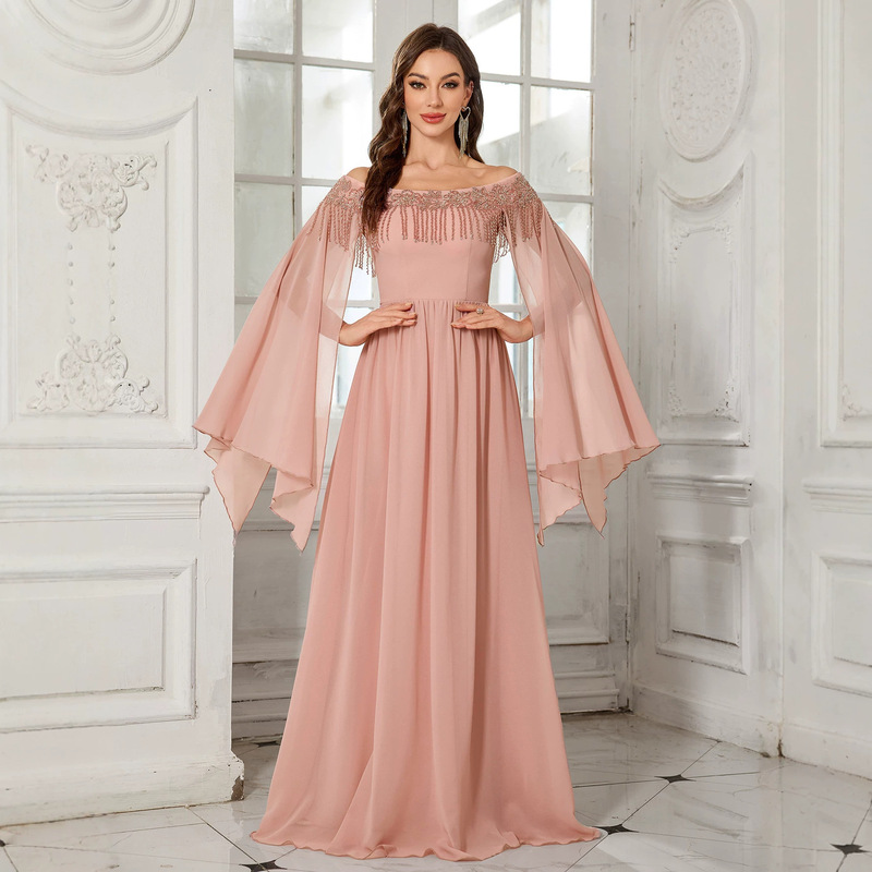 New Style Women's Off-Shoulder Tube Top Dress with Fluttering Sleeves, Heavy Sequin Embroidery, and Tassel Embellishments for Evening Wear