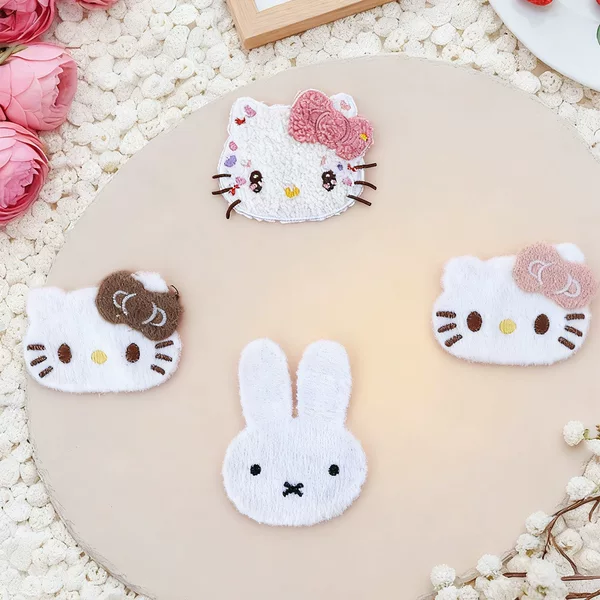 Wholesale Cute Kitty Cat and Miffy Rabbit Plush Hair Clips for Girls, Side Fringe Magic Tape Hairpins